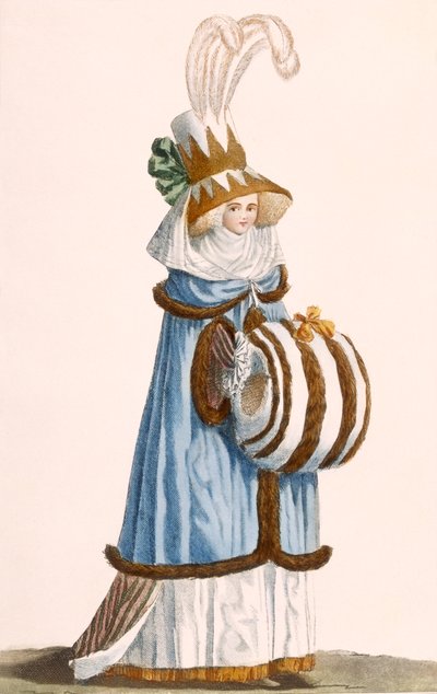 Robe à L&39;Anglaise، chapeau à la Theadore، plate from &39;Galeries des Modes et Costumes Francais&39;، c.1778-87 99: ملابس؛ لباس تقليدي لباس تقليدي؛ موضه؛ التوضيح بواسطة جان فلوران ديفين
